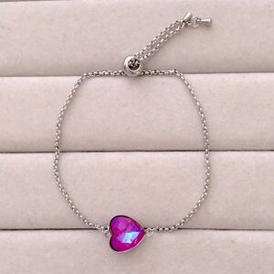 Fuchsia Aurora Borealis + Stainless Steel Adjustable Crystal Heart Boho Bracelet